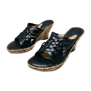 Born Women Sandal Sz 7 EU38 Hirachi Black Woven Leather Wedge Strappy Heel #1113